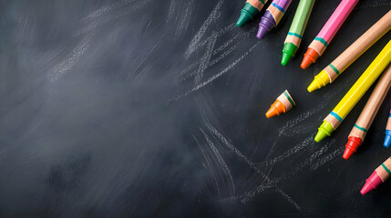 Colorful Crayons On Dark Blackboard Background