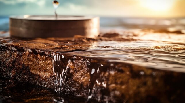 Water trickling over rocky surface coastal landscape nature photography sunset environment close-up view serenity and calm