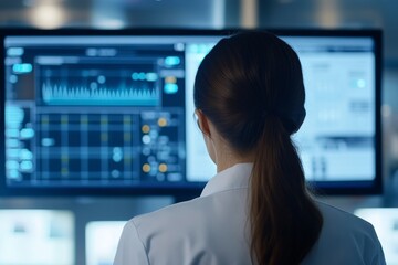 Female doctor analyzing medical data on digital display in hospital lab for global health research