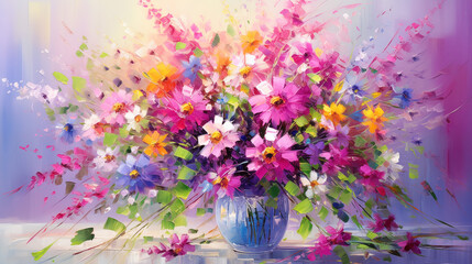 Vibrant floral arrangement with colorful flowers in a glass vase displayed on a bright background