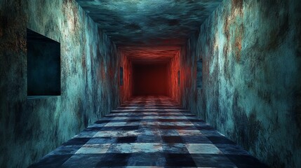 Dark eerie corridor with checkerboard floor