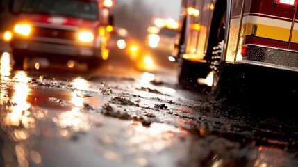 Emergency response action urban streets fire truck activity rainy environment low angle view urgency concept for seo impact