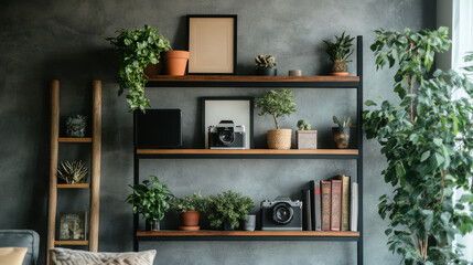 Interior design of living room with black poster mock up frame, shelf, cacti, plant, books, photo camera, wooden ladder and elegant personal accessories in stylish home decor.