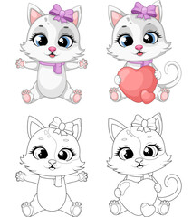 Color and black-and-white illustrations of a cheerful cat. A set of 4 images