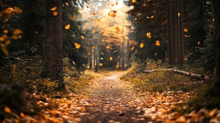 Falling Autumn Leaves on Forest Path Creating a Serene Nature Scene