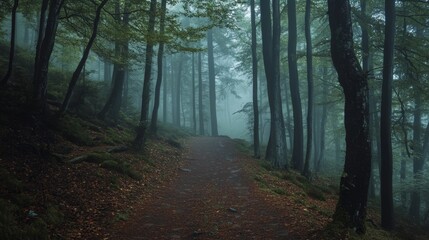 Foggy forest path beckons into the unknown.