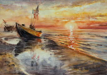 A beautiful sunrise over a wooden fishing boats on a beach. Picture created with watercolors.