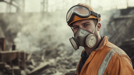 Man in yellow suit and a gas mask. Industrial worker protecting asbestos from the elements. Industry gearing up for the deadly mesothelioma. A man wearing a yellow suit and a gas mask lifestyle.