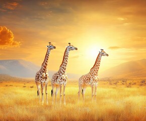 Obraz premium Majestic Giraffes Grazing in the African Savanna at Sunset: A Scenic Wildlife View