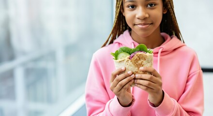 African young girl enjoying healthy wrap snack in pink hoodie