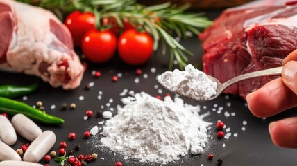 Fototapeta premium Fresh ingredients and spices for culinary delights with raw meat, tomatoes, and seasoning
