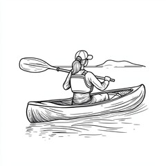Woman kayaking away on water, rear view line art of outdoor solitude and peaceful escape
