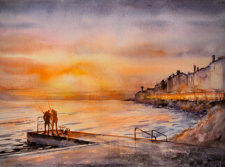 Sunset view on the coastline in Piran. Piran is one of Slovenia's major tourist attractions, Piran, Slovenia. Picture created with watercolors. 
