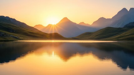 Obraz premium Reflective Lake at Sunrise with Mountain Views and Golden Light