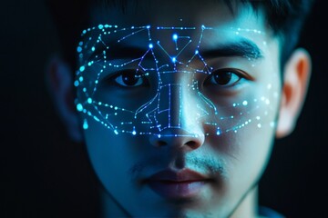 Asian man engaging with facial recognition technology in a dark room for security system concept