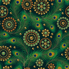 Seamless pattern with circular jewelry motifs, fluffy peacock feathers in vintage style. Gold elements with green emerald gems. Scattered objects, random composition. Dark background