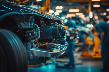 Fototapeta premium Workers assembling cars on the production line with natural light highlighting detailed components