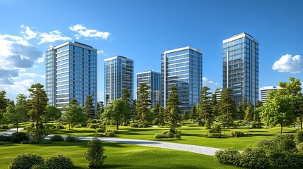 Modern Skyscrapers and Urban Architecture: A Vibrant Cityscape with Greenery and Futuristic Design Under Blue Sky