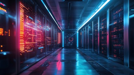 Fototapeta premium Exploring a Server Room with Data Racks and Neon Lighting