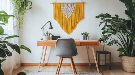 Stylish scanidnavian interior of apartment with wooden desk, gray chair, design accessories and furnitures, big yellow macrame on the white wall. Design home decor of sitting room. Warm and cozy. 