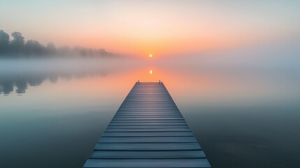 Naklejka premium Sunset on wooden dock in lake. A foggy lake with fog and a dock. Nature relaxes in the calm waters. Twilight over a wooden pier on a lifestyle lake.