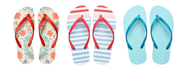 Set os striped flip flops in blue and red tones.Sandals. .isolated. White or transparent background PNG. Summer and holiday concept. Tourism and leisure activities 