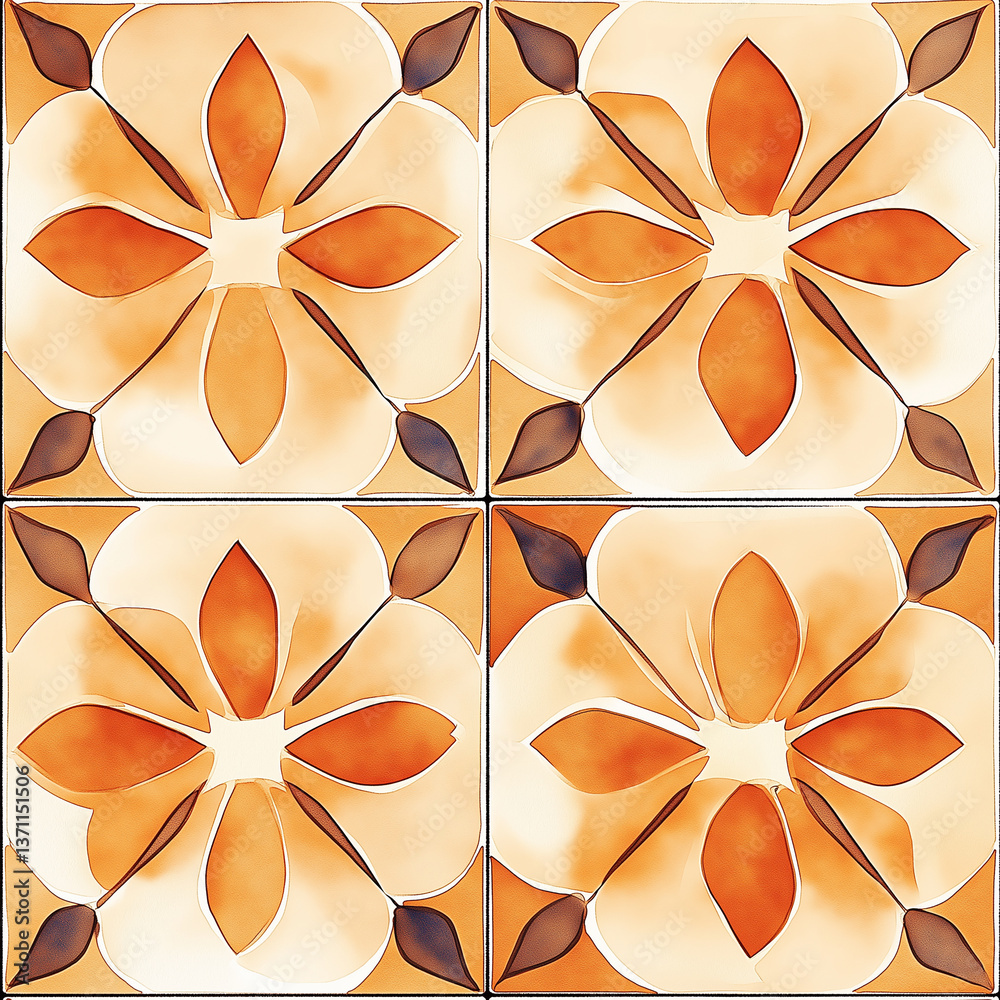 Poster Orange flower tiles creating repeating pattern on wall