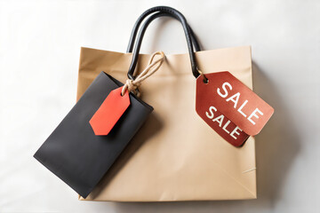 Shopping bags with sale tags on a neutral background  