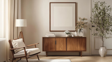 Cozy and stylish interior of living room with mock up poster frame, wooden console, flowers in vase, decorations and personal accessories. Modern home decor. Template.