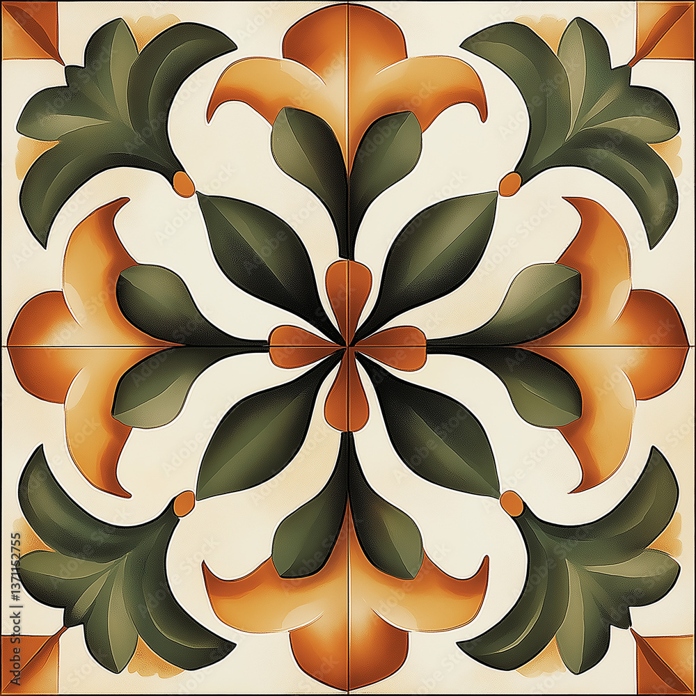 Poster Decorative floral tile showing green and orange foliage creating a repeating pattern