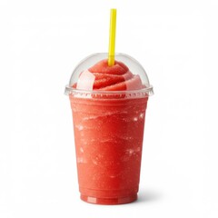Frozen strawberry slush drink with vibrant red color and yellow straw in a clear plastic cup isolated on white background