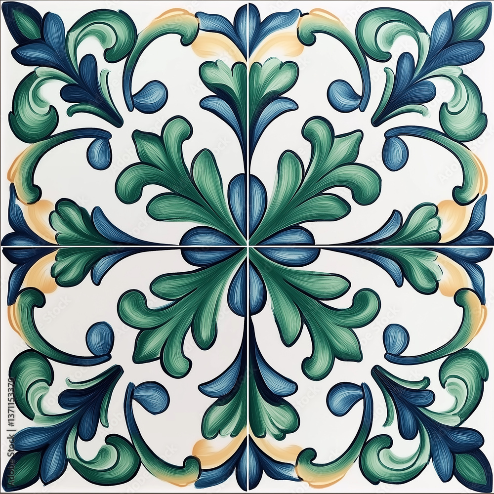 Poster seamless repeating floral pattern on square ceramic tile showing four tiles