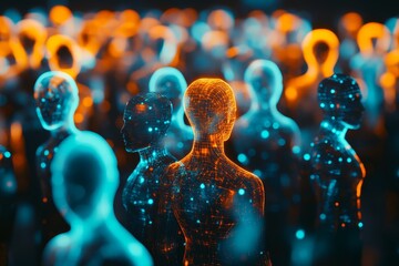 Naklejka premium A cinematic scene of glowing holographic figures in orange and blue, backlit with depth and drama