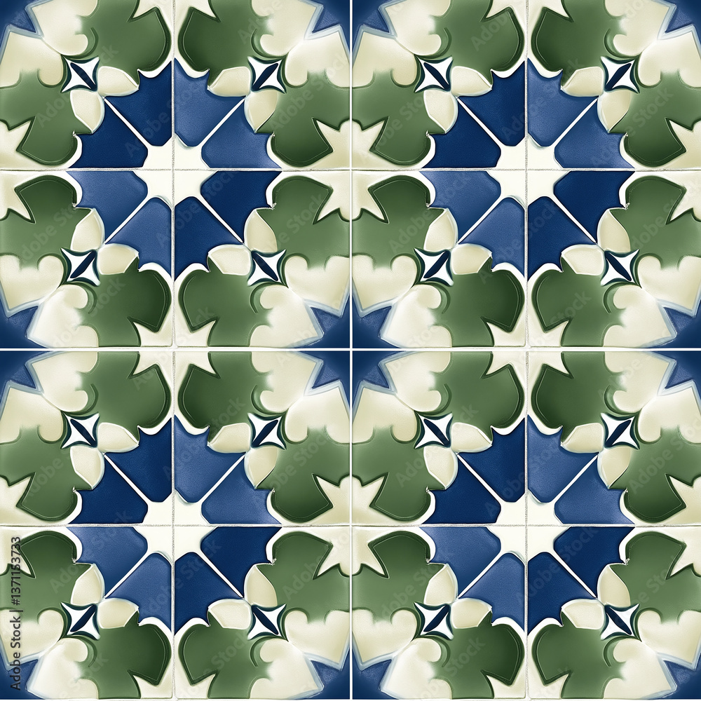 Poster seamless tile pattern creating intricate blue and green floral design