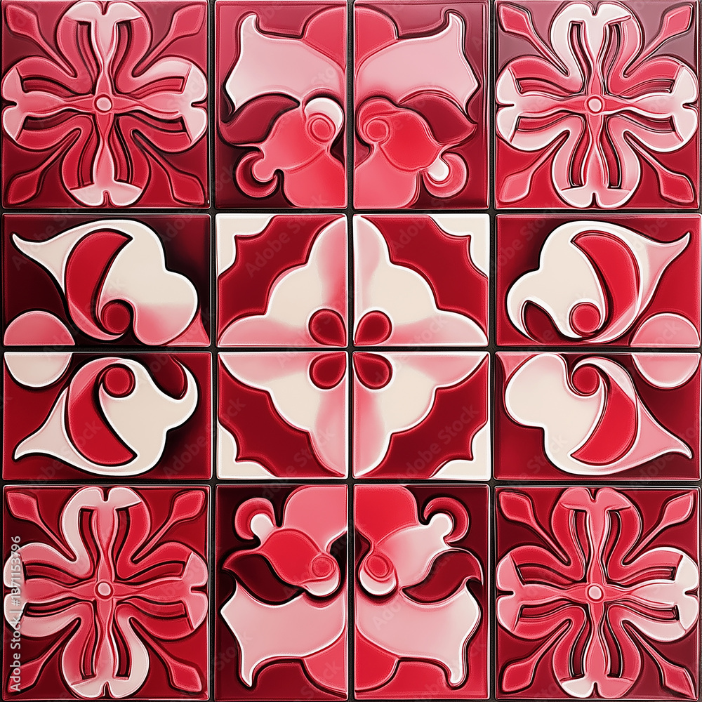 Poster red and pink ornamental tiles creating seamless decorative pattern