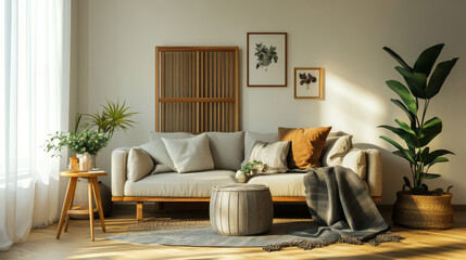 Modern concept of domestic interior with design sofa, wooden room screen, pillow, blanket, picture frame , side wooden stool and elegant personal accessories in stylish home decor. Template.