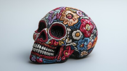 A colorful sugar skull. Embroidered skull with a stitched sticker patch. Ai generative patchwork icon transparent png. A vibrant sugar skull lifestyle.