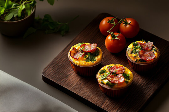 Board with mini omelets in muffin form, crispy bacon, and fresh tomatoes