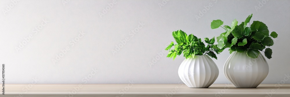 Poster elegant display of green plants in white ceramic vases on a neutral background creating a modern hom