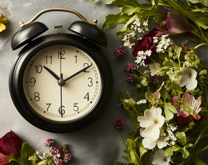 A vintage alarm clock surrounded by a vibrant array of spring flowers on a pastel background. Concept of springtime.