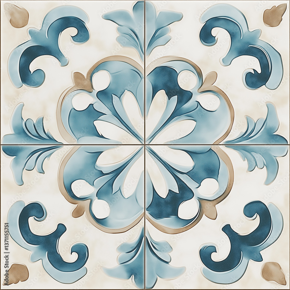 Poster decorative blue and beige tile with floral pattern creating elegant design