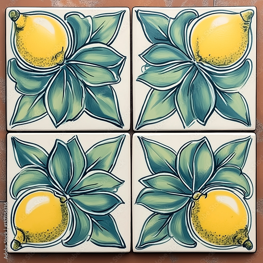 Poster Four ceramic tiles showing lemons and leaves creating a decorative pattern