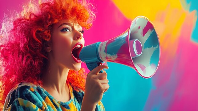 Woman with red hair shouting into megaphone. Young woman with curly hair in red. A commercial featuring a megaphone and pop sales art. A woman with crimson hair yelling lifestyle into a megaphone.