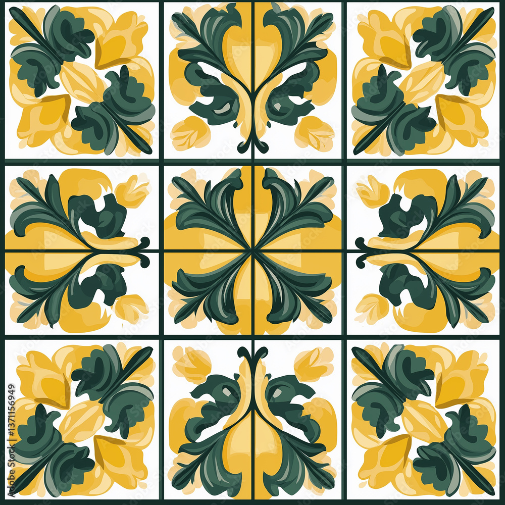 Aufkleber Seamless pattern of yellow and green ornamental tiles creating an elegant design