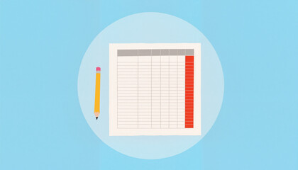 Stylized spreadsheet with pencil on light blue background, data visualization