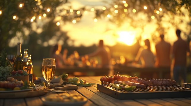 An outdoor bbq with people sitting around it. A summer vacation with a barbecue at sunset. Grilled meat and vegetables for dinner. A backyard barbecue with guests gathered lifestyle around it.