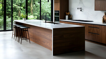 Modern Dark Wood Kitchen Island With Concrete Floor And Nature View