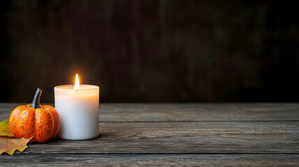 Warm Candlelight With Decorative Pumpkin On Rustic Wooden Table