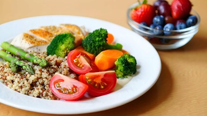 A healthy balanced lunch with chicken, quinoa and vegetables