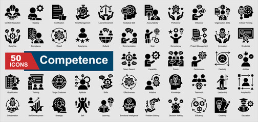 A collection set of glyph Competence icons. Includes expertise, proficiency, leadership, problem solving, training, and more. Perfect for illustration and design.